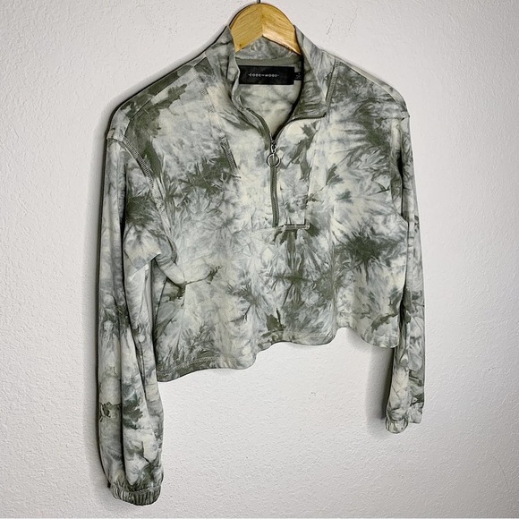 Code x Mode Green & White Tie-Dye Print Half Zip Crop Sweatshirt Size Small - Picture 1 of 8